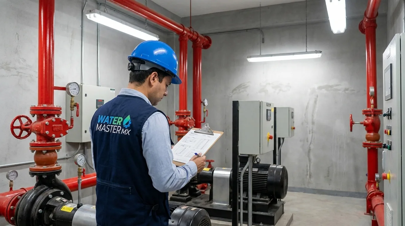 Ingeniero Water Master asesorando especificación de bombeo en cuarto de máquinas — suministro y distribución oficial